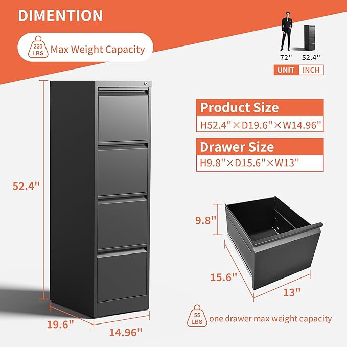 IKIMI 4 Drawer Locking File Cabinet with Wheels,Black Metal Mobile Filing Cabinets,Vertical File Cabinet for Home Office,Rolling Storage Cabinet for A4/Letter/Legal Size File,Assembly Required