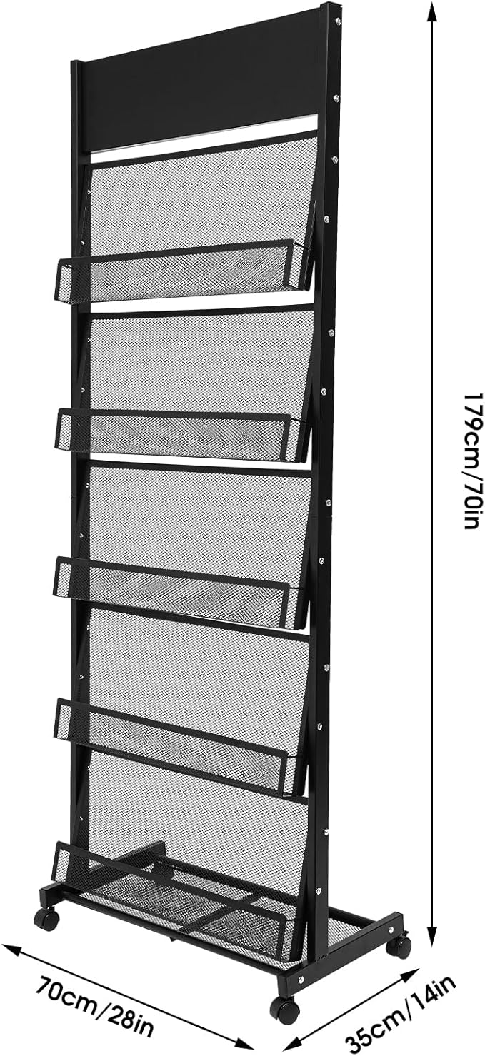 Magazine Display Stand, Magazine Holder with 4 Wheels, Screwdriver and Spanner for Shops, Christmas-Themed Shops, Offices, Living Rooms