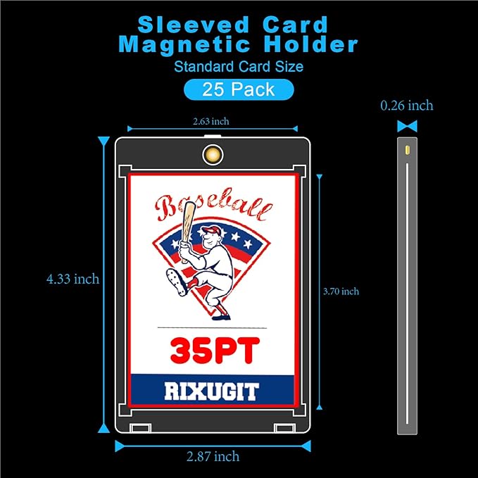 25-Pack Sleeved Card Magnetic Holders - 35pt Magnetic Card Case, Fits Sleeved Card First, One Touch Card Holder, Inner Size 2.63″×3.70″, Clear Hard Case for Trading Cards, Sports Card, Games Cards ﻿