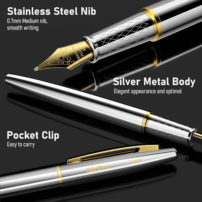 Nicpro Fountain Pen Set with Box, Classic Silver-Gold Fancy Pen with Converter, 0.7mm Medium Nib Smooth Writing Calligraphy, Office, Business, Luxury Gift Pen