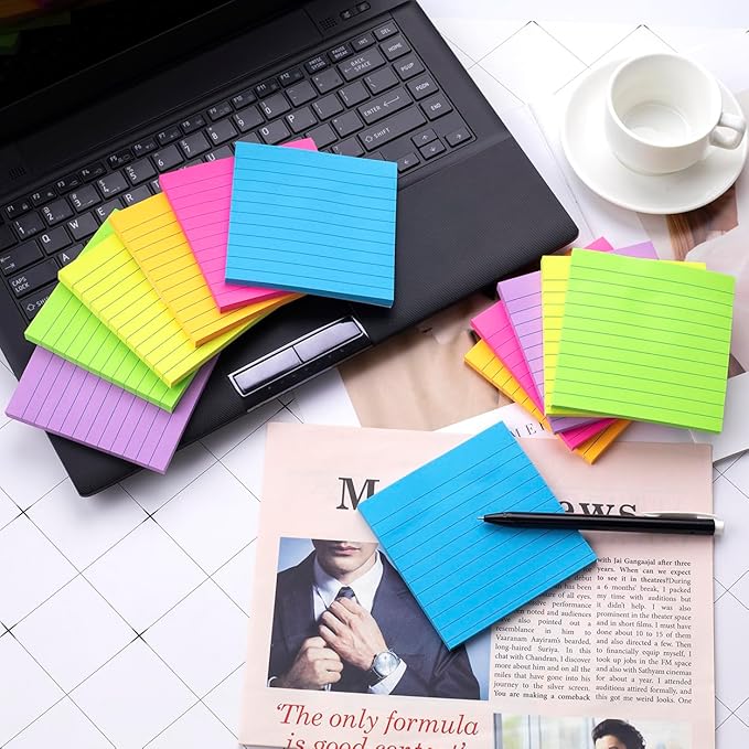 (12 Pads) Lined Sticky Notes 4x4 in, 6 Bright Colors Self-Stick Note Pads, Strong Adhesive, 47 Sheets/Pad