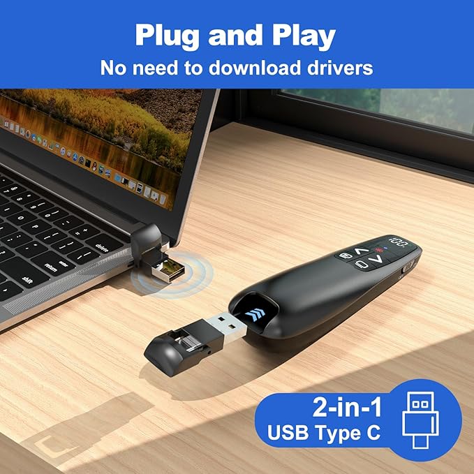 (2 Units) Rechargeable Presentation Clicker with Case, Power Digital Display Wireless Presenter Remote, Red Light Pointer Computer PowerPoint Clickers for Mac Laptop, Slideshow Google Slide Advancer
