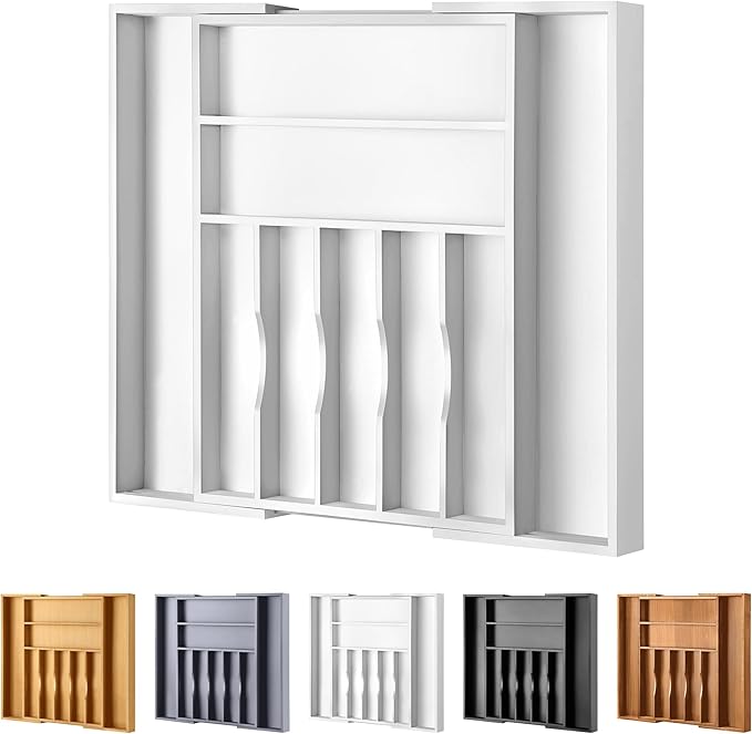 oridom Large Premium Bamboo Silverware Organizer - Expandable Drawer Organizer & Utensil Organizer - 17"x19.7" Cutlery Tray with Dividers for Kitchen Utensils and Flatware (7-9 Slots) (White)