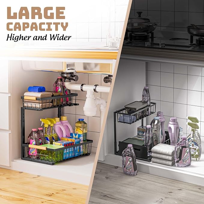 Dihmpor Under Sink Organizer and Storage, 2 Pack Slide Out Under Cabinet Storage Pull Out Sink Shelf Cabinet Storage Shelves, Undersink Organizers for Kitchen Bathroom Cabinet