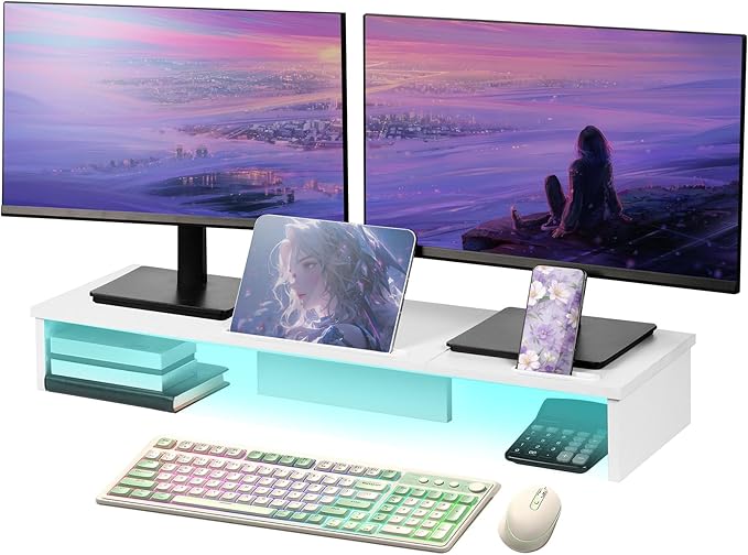 Qupui Dual Monitor Stand Riser with LED Lights and Phone Tablet Holder, 35.8in Large Monitor Stand for Desk, Computer Monitor Stand for 2 Monitors, Desktop Shelf Organizer for Laptop, Printer, TV