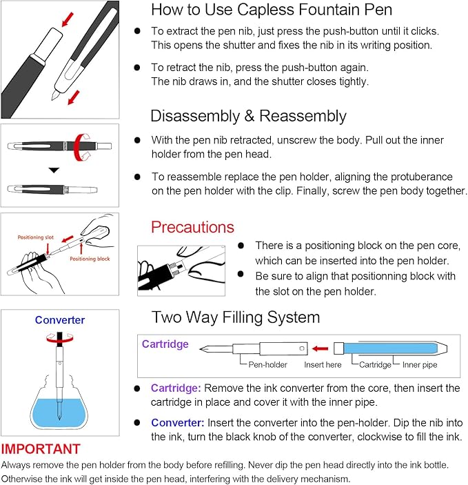 JINHAO 20 Press Fountain Pen, Retractable Capless Resin Pen with Ink Converter (EF Nib 0.4mm, Bright Black)
