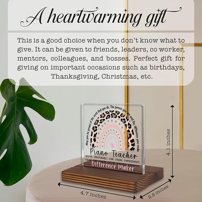 Piano Teacher Gift Desk Sign, Appreciation Thank You Plaque for Music Educator, Studio Decor Gift for Piano Instructor Birthday Holiday Difference Maker PA110