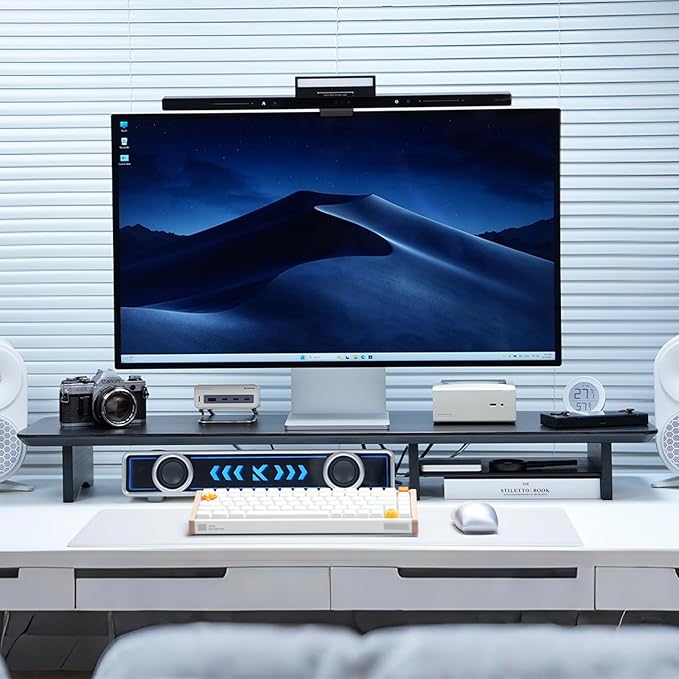 ROCDEER Bamboo Dual Monitor Stand Riser Black, 2-Tier Desk Monitor Riser for 2 Monitors, Supports for PC Computer Monitor, Printer, Heavy TV Riser up to 300 lbs
