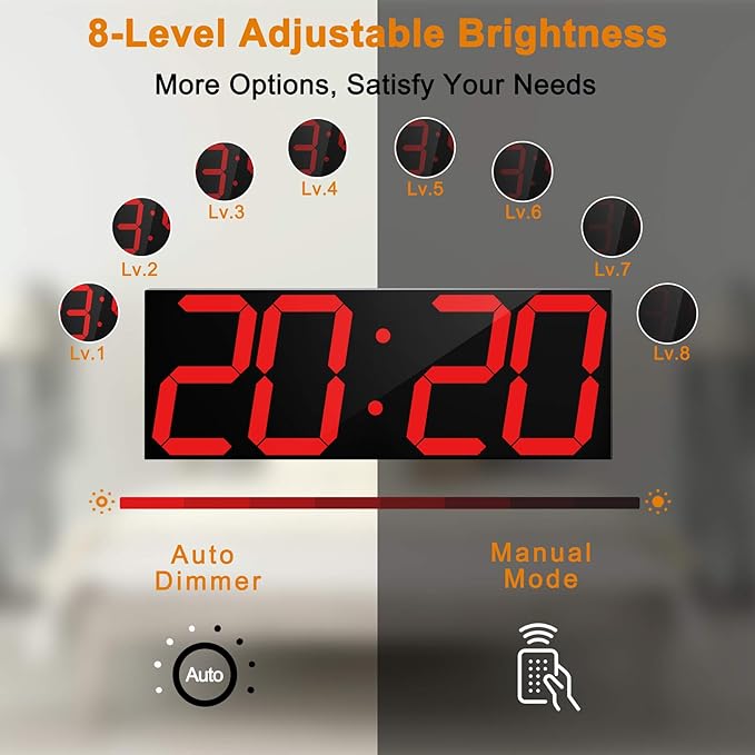 LED Large Digital Wall Clock, Oversize Wall Clock with 6” Numbers, Remote Control Count up/Countdown Timer Clock, Auto Dimmer, Big Calendar and Thermometer(Red)