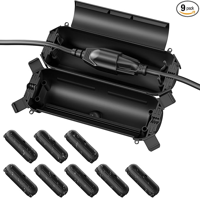 Flemoon [9 Pack] Outdoor Extension Cord Safety Cover, IPX4 Waterproof Connection Protector, Weatherproof Electrical Box for Outdoor Plug, Outlet, Holiday Light, Christmas Decorations, Black