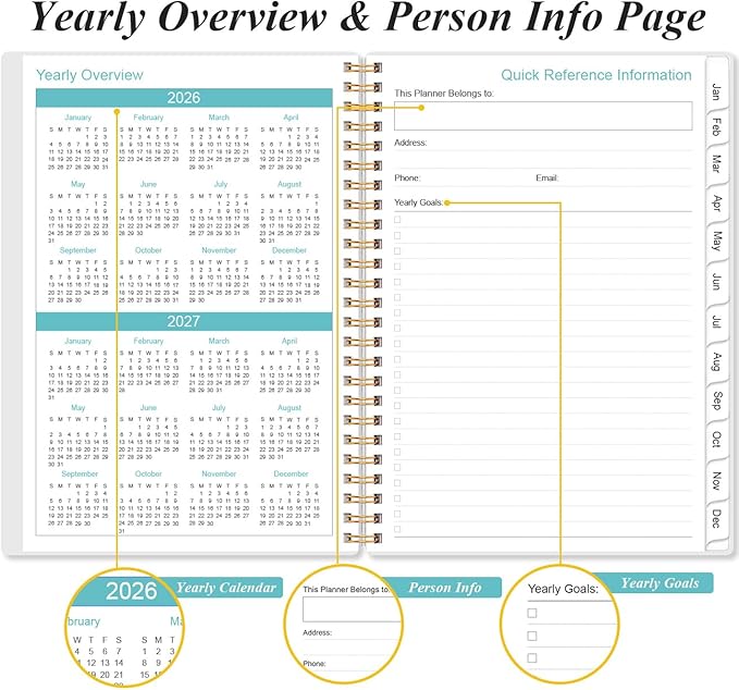 2026 Planner - Planner 2026 from January 2026 - December 2026, Weekly & Monthly Planners Spiral Bound with 12 Monthly Tabs, Inner Pocket, 6.4" x 8.5", Black