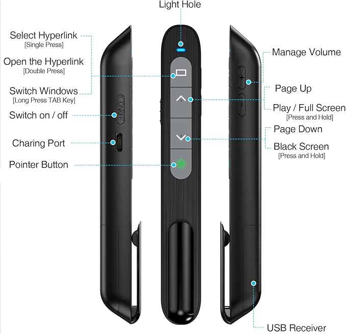2 in 1 USB Type C Rechargeable Presentation Clicker with Green Pointer, Wireless Presenter for PowerPoint Presentation PPT Clicker, 2.4GHz Presentation Remote Slide Advancer for Computer MacBook