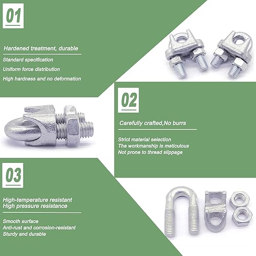 100PCS 3/8" M10 Zinc-Plated Wire Rope Clamps – Heavy Duty U-Bolt Cable Clips (Silver)