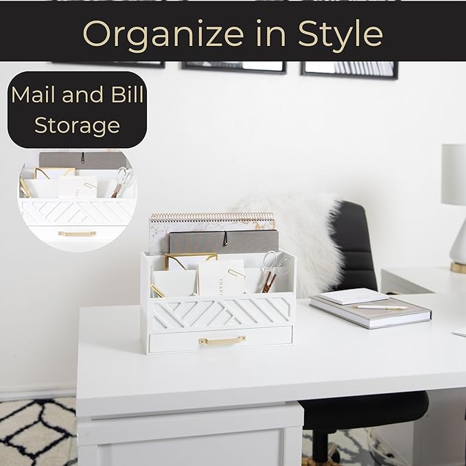 BLU MONACO White Wooden Mail Organizer With Drawer and Gold Handle | Desktop Storage for Home Office and Classroom | Multi-Section Letter Sorter | 4.6”D x 12.4”W x 7.5”H Tabletop Accessory Holder
