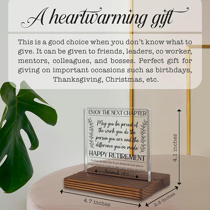 Happy Retirement Acrylic Desk Sign with Bible Verse, Christian Gift for Women Men, New Chapter Inspirational Plaque, Religious Office Decor, Farewell Keepsake for Coworker Friend Parent PA122