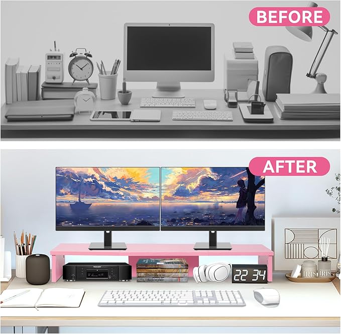 Qupui Dual Monitor Stand Riser, Large Computer Monitor Stand for Desk, Monitor Riser for 2 Monitors, Wood Desk Shelf for Top of Desk, Desktop Organizer for Computer, Laptop, Printer, TV, Pink