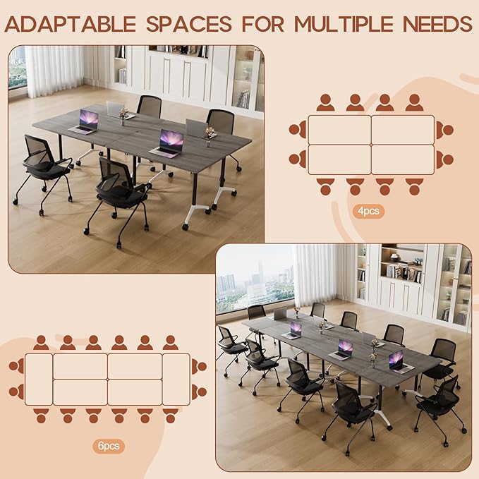 Folding Conference Table 4ft 5ft, Foldable Office Meeting Desk for 6 People, Multiple Sizes Colors Mobile Conference Room Table for Training Room School Business Furniture (2, Grey, 71in)