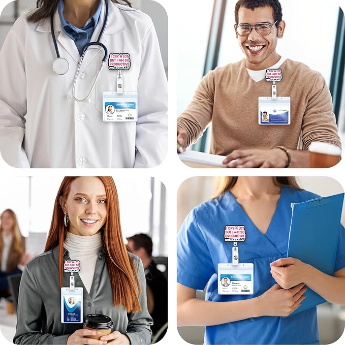 I Cry a Lot But I Am So Productive Funny Badge Reel | Retractable ID Card Badge Holder | Name Tag Medical Work Badge Clip for RN LPN CNA MA Night Shift Nurse Doctor | Nurse Gifts | Alligator Clip