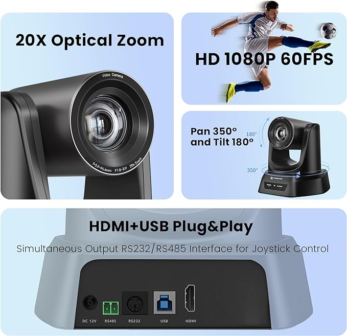 TONGVEO Conference Room PTZ Camera System with 20X Optical Zoom | 1080P 60fps HDMI USB Webcam for Church Streaming Online Video Conference| Compatible with Zoom, OBS | Easy Setup