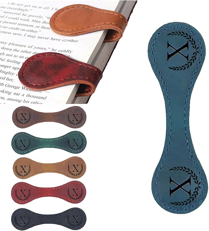 Artlaza Personalized Magnetic Leather Bookmark, 26 Letters Custom Leather Bookmarks, Handmade, Leather Magnetic Bookmark for Book Lovers Readers Women Kid(Blue，X）
