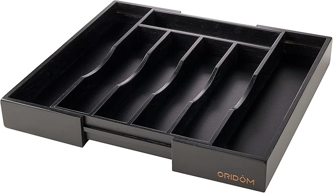 oridom Expandable Bamboo Kitchen Drawer Organizer for Cutlery and Utensils, Adjustable Bamboo Wood Cutlery Tray in Drawer for Flatware and Silverware in Kitchen, (Black)