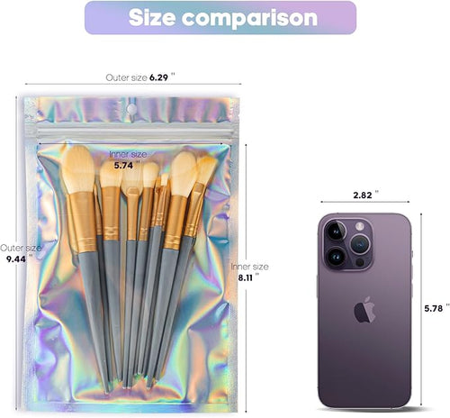 100pcs 6x9 inch Holographic Resealable Packaging Bags for Small Business Supplies- Cute Small Plastic Color Smell Proof Ziplock Foil Pouch Baggies for Lip Gloss Soap Party Food Storage