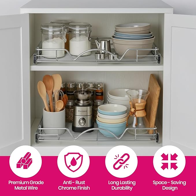 HOLDN’ STORAGE Pull Out Cabinet Organizer - Heavy Duty Steel with Smooth Slide-Out Drawers, Chrome Finish - 17" W x 17" D Basket, Fits 18.25" Cabinet Opening