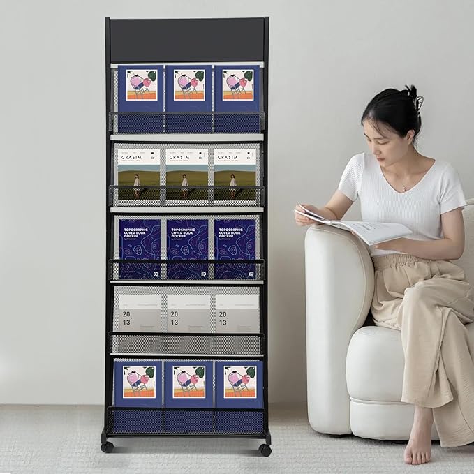 Magazine Display Stand, Magazine Holder with 4 Wheels, Screwdriver and Spanner for Shops, Christmas-Themed Shops, Offices, Living Rooms