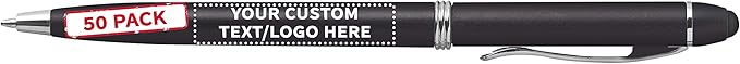 DISCOUNT PROMOS Custom Twist Action Plastic Stylus Pens, Set of 50, Personalized Bulk Pack - Pens for Work, Cool Pens for Writing, Black Ink - Black