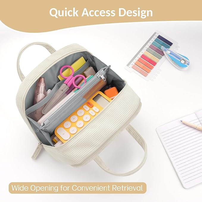 Sooez Large Pencil Case Pouch, Extra Big Pencil Bag with 5 Compartments, Pen Bag Wide Opening, Soft Corduroy Pencil Pouch Organizer with Zipper, Cute Aesthetic School Supplies for Girls-Light Blue