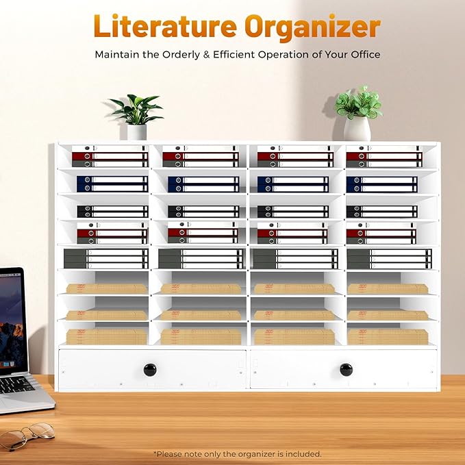 Fifizoo Literature Organizer with 32 Compartments | Adjustable Desktop File Sorter Mail Center for Home, Office & Classroom | PVC Paper Storage Cabinet with 2 Drawers and Shelves, White