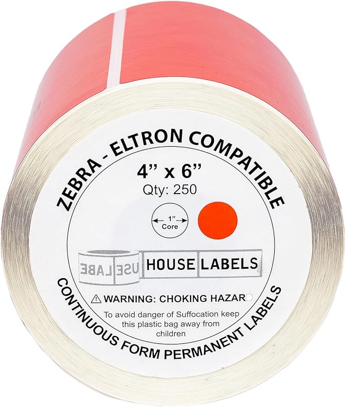 HOUSELABELS 4" x 6" Red Shipping Labels on 1" Core Compatible with Zebra and Rollo Printers, 30 Rolls / 250 Labels per Roll