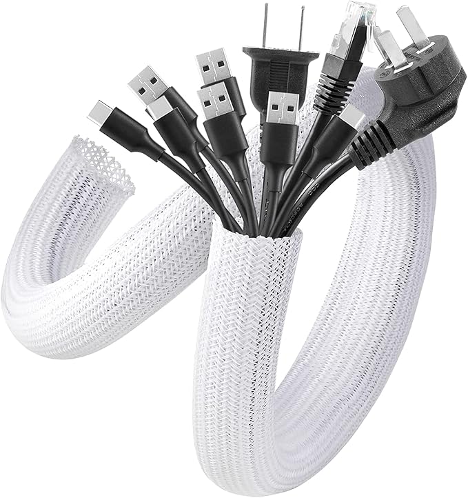 AGPTEK Cable Sleeve Cover, 10ft - 1.5 inch Desk Cord Organizer Cable Hider, Home Office Wire Management Computer TV Wire Loom Tubing, Pet Proof Cord Protector, from Cat Dog Chewing, White
