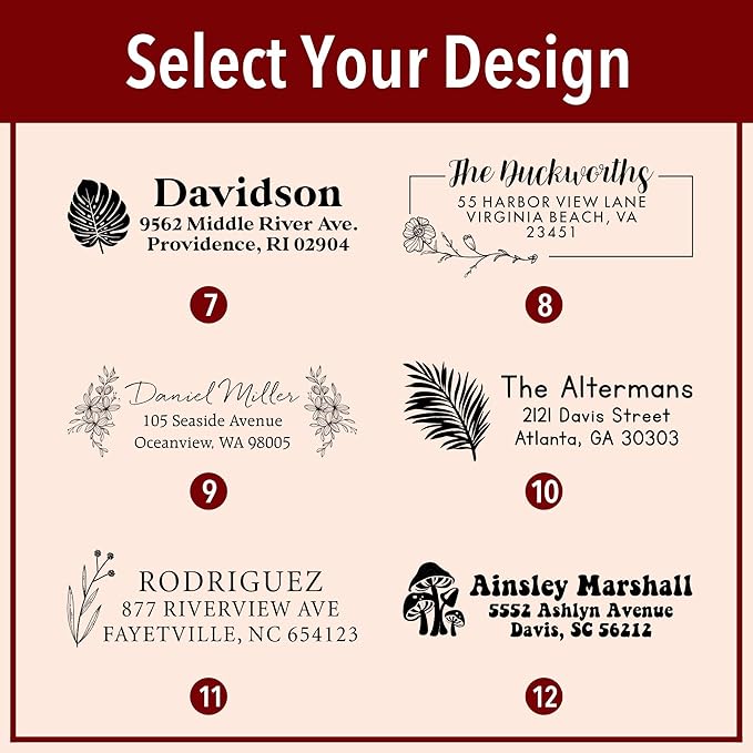 Custom Floral Address Stamp | Choose from 12 Designs | Multiple Ink Color Options | Envelope Return Address Stamp for Couple or Family (Design 9, Extra Large)