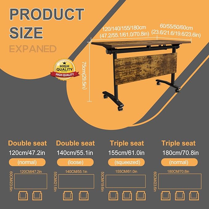 Folding Conference Table 4ft 5ft, Foldable Office Meeting Desk for 6 People, Multiple Sizes Colors Mobile Conference Room Table for Training Room School Business Furniture (6, Brown, 63in)