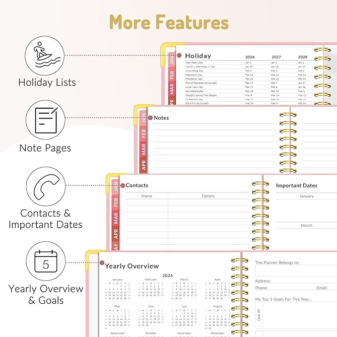 Forvencer 2026 Planner, Hardcover Calendar Planner Weekly and Monthly, Jan 2026 - Dec 2026, 6" x 8", Spiral Agenda Book with Tabs, Exquisite Daily Journal Organizer for Home School, Navy Blue