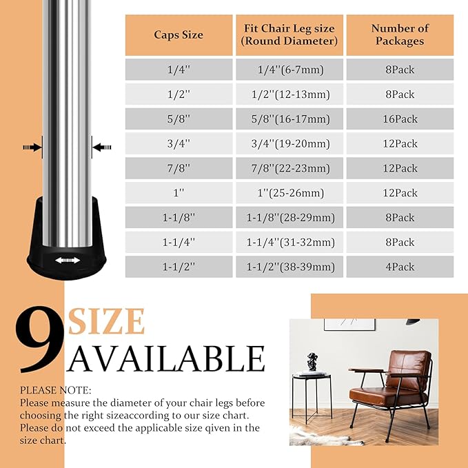 VOCOMO 7/8" Round Rubber Chair Leg Tips Caps, Chair Leg Floor Protectors Furniture Legs Caps Non Slip Reduce Noise for Hardwood Floors (Black, 12 Pack)