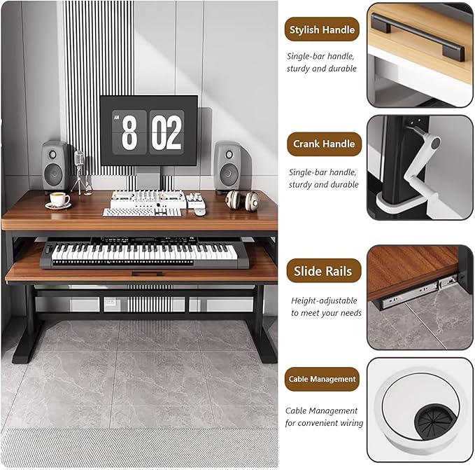 GRIPITHPY Modern Music Studio Desk Workstation with Keyboard Tray,Height Adjustable Standing Desks Table,Recording Studio Desk with Metal Legs,Wood Computer Desk for Home Office Studio