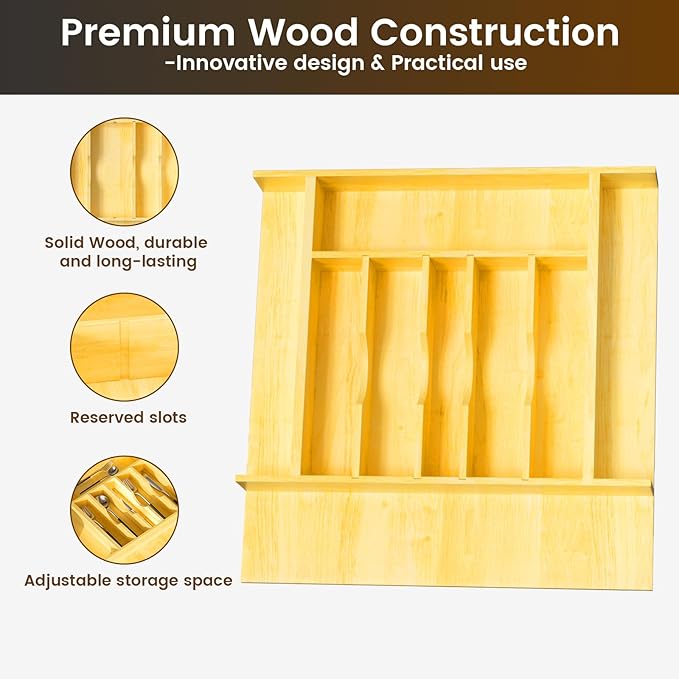 Evjocoh Silverware Drawer Organizer Wood with Adjustable Partition for Kitchen Utensil Cutlery Flatware Cabinet Storage Compartment Tray Insert with Dividers (19.2" W x 19.5" D x 2.5" H)