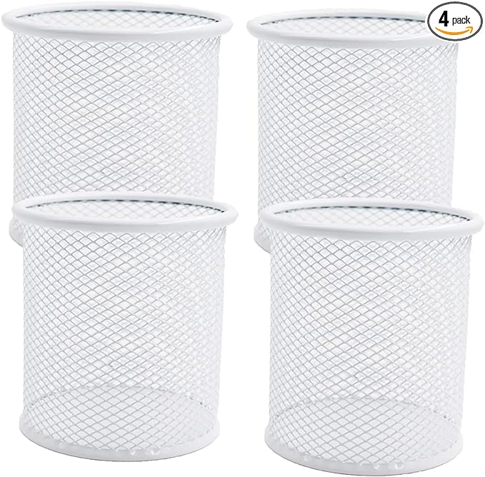 SNOW COOLER Pen Holder Mesh Pencil Holder Metal Pen Holder Cup Pencil Cup Holder for Desk Office Pen Organizer White, 4 Pack