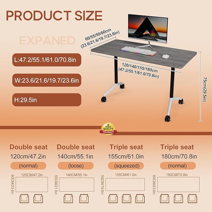 Folding Conference Table 4ft 5ft, Foldable Office Meeting Desk for 6 People, Multiple Sizes Colors Mobile Conference Room Table for Training Room School Business Furniture (6, Grey, 63in)