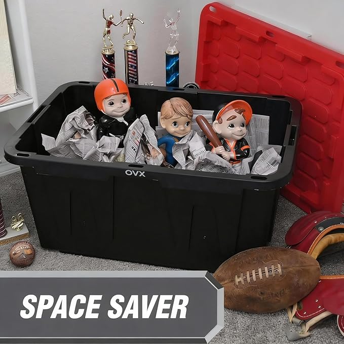 4-Pack Heavy Duty 27 Gallon Plastic Storage Bins with Lids - Stackable Large Storage Totes for Garage, Home Organization & Moving Supplies (Black Bases & Red Lids)