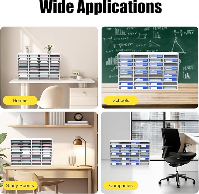 Literature Organizer with 36 Compartments | Adjustable Desktop File Sorter Mail Center for Home, Office & Classroom | PVC Paper Storage Cabinet with Shelves, White
