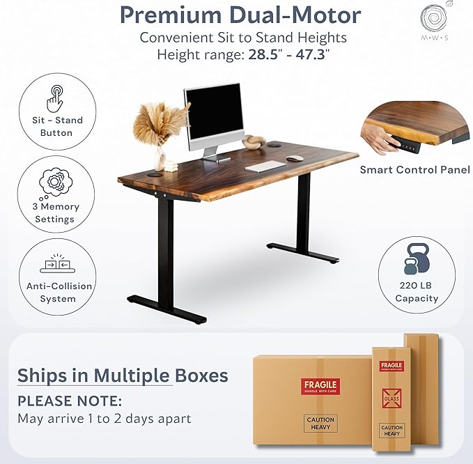 Standing Desk with Keyboard Tray – Walnut Solid Wood Desk, Natural Live Edge, Adjustable Height Dual Motor, Sit Stand for Home Office (Black, W48 x D27)