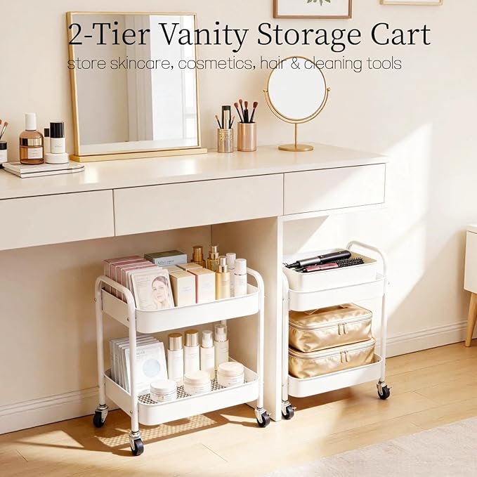 Ufriandz Under Desk Storage Cart 2 Tier Utility Rolling Cart with Wheels, Small Metal Mobile Trolley with Handle Two Tiered Utility Organizer Roller for Kitchen Office Bathroom Pantry Room, White
