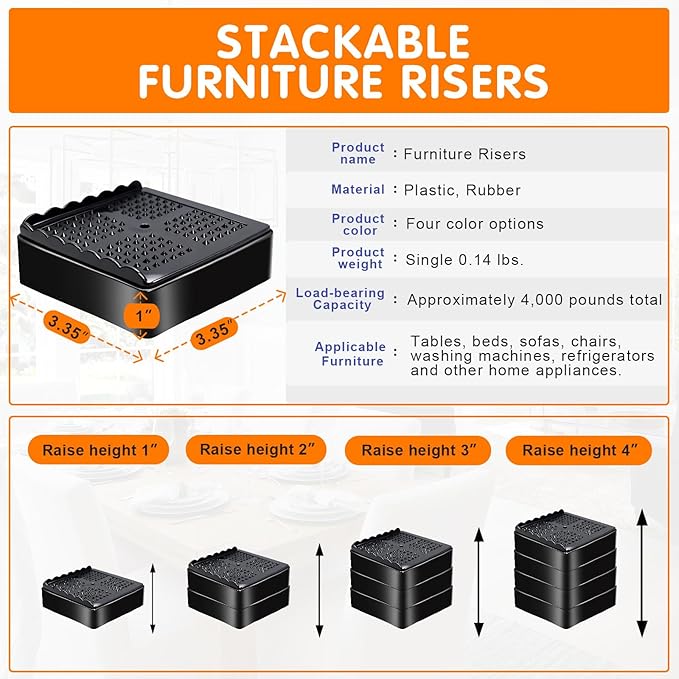 Furniture Risers Heavy Duty Adjustable Bed Risers Blocks Lift 4, 3, 2 inches for Couch, Sofa, Table, Desk, Chair Legs, Refrigerator, Washing Machine Support up to 4000 pounds (Black 4 Pack, 4 inch)