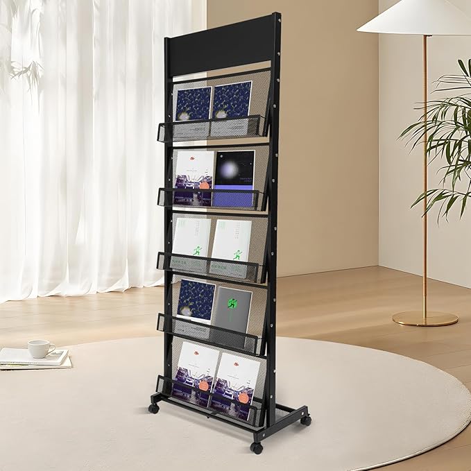 Magazine Display Stand, Magazine Holder with 4 Wheels, Screwdriver and Spanner for Shops, Christmas-Themed Shops, Offices, Living Rooms
