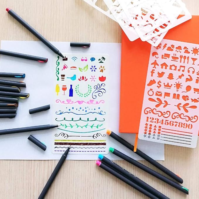Tebik 80 Pack Planner Colored Pens, 72 Colors Drawing Pens with 8 Stencils, Fineliners for Journal Planner Note Calendar Writing Coloring, Drawing & Detailing School Office Art Supplies