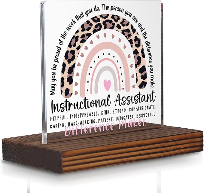 Instructional Assistant Appreciation Desk Decor Sign, Leopard Rainbow Difference Maker Plaque for Classroom Aides PA090
