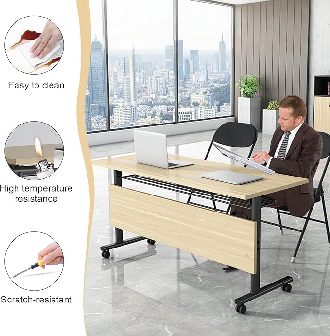 JEHUJD Conference Table,55.1''Folding Conference Room Table for 4-12 People,Mobile Flip Top MeetingTraining Table with Different Coulor and Styles for Offices, Classrooms,Meeting Room (2, 61''G)
